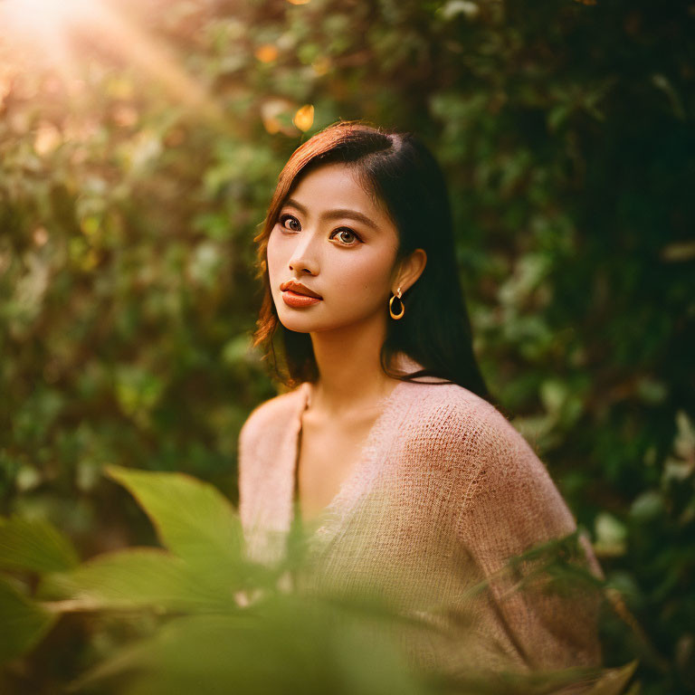 Woman with Large Earrings Poses Thoughtfully in Lush Greenery