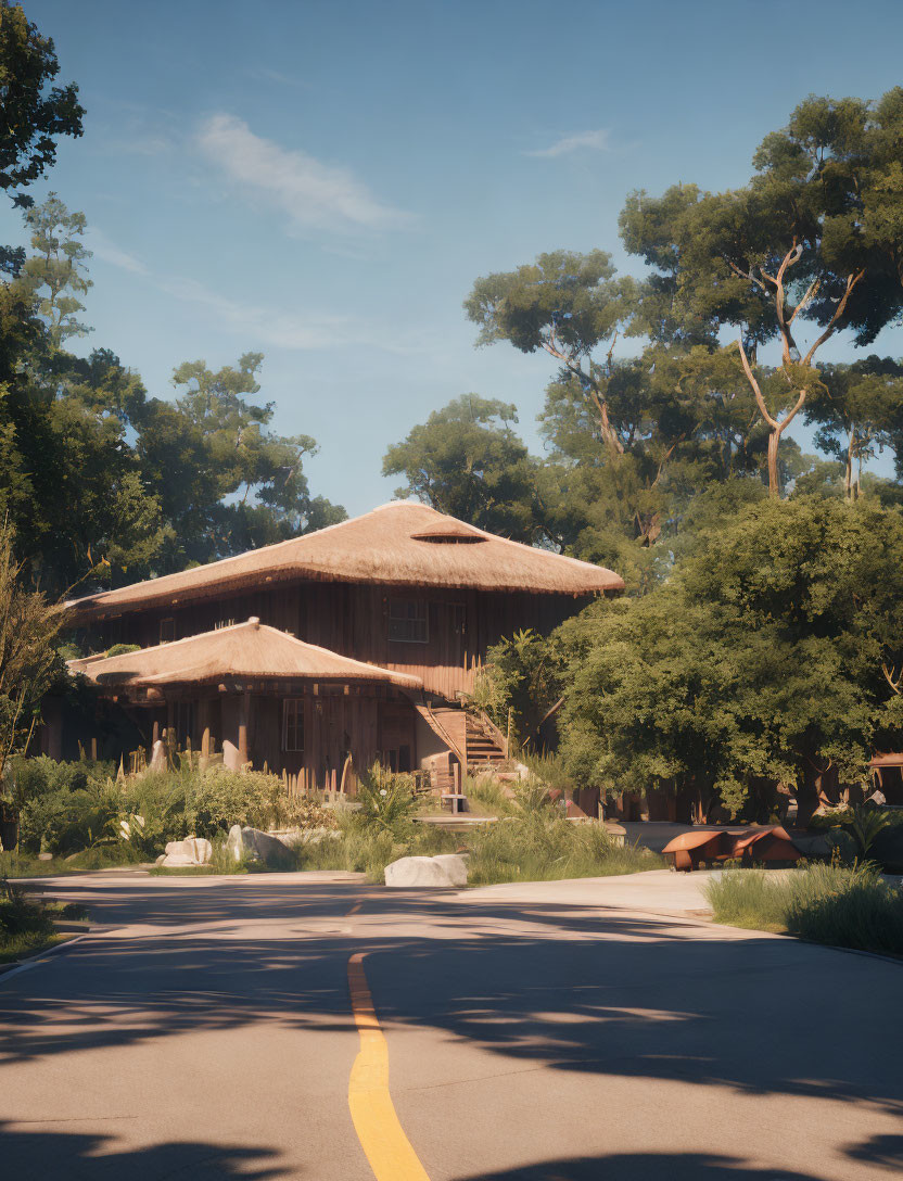 Rustic wooden house with thatched roof in lush green setting