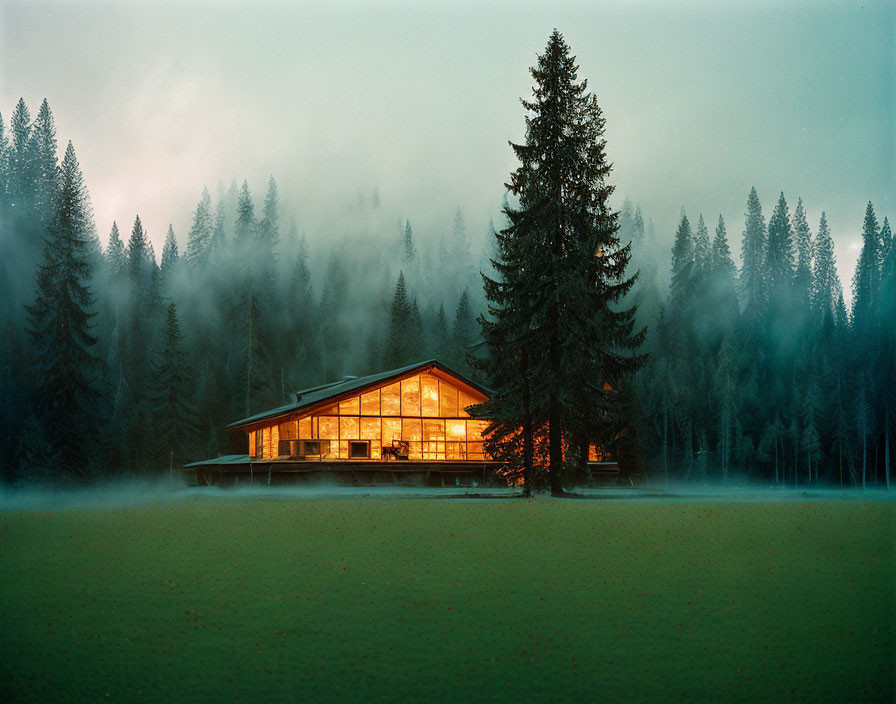 Secluded house in forest clearing at twilight mist.