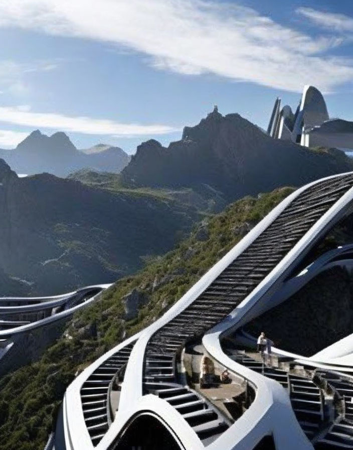 Futuristic spiral structure with walkways in mountainous landscape