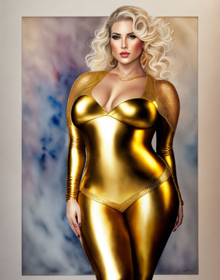 Detailed Illustration: Woman in Gold Bodysuit with Sheer Sleeves