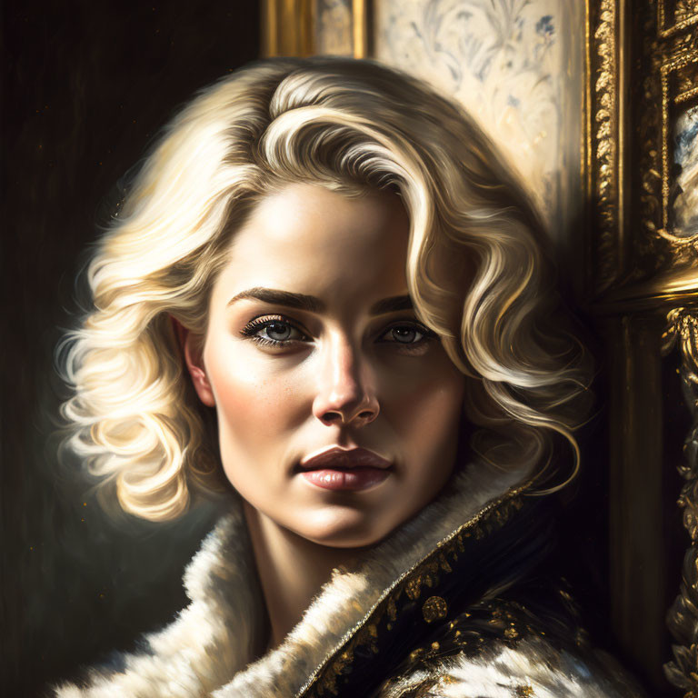 Blonde woman in fur-trimmed coat with vintage regal aura