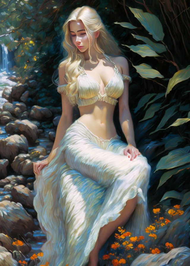 Mythical blonde woman by rocky stream with waterfall in serene illustration