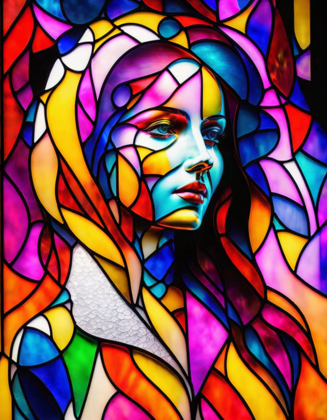 Vibrant stained glass artwork of stylized female face