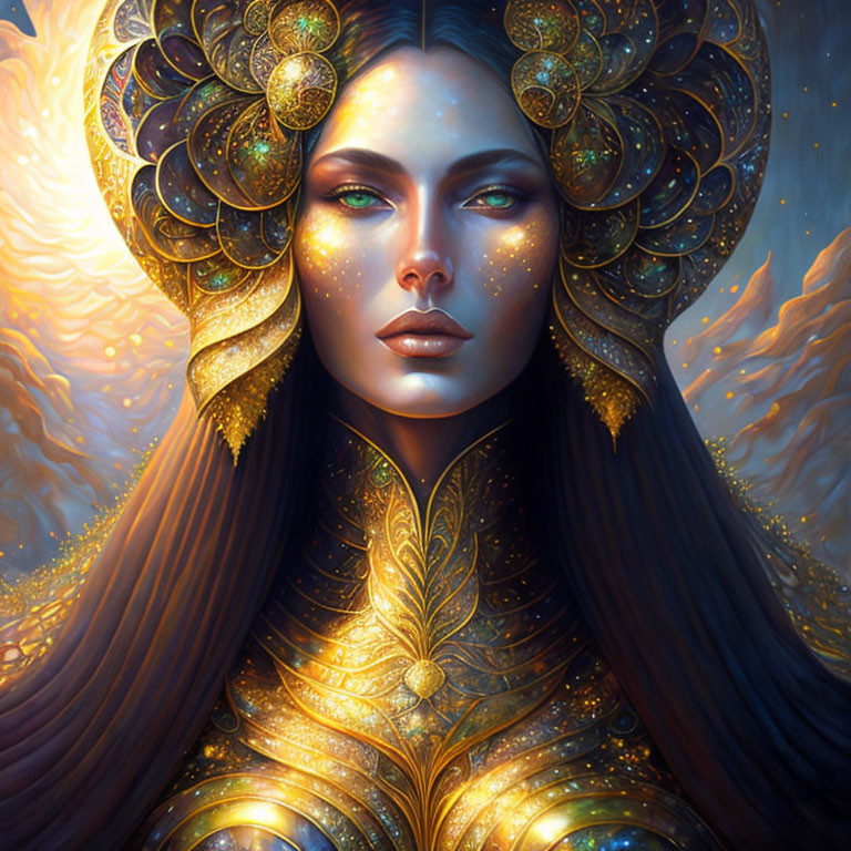 Fantasy portrait of woman with golden headdress and jewelry against mystical mountainous backdrop