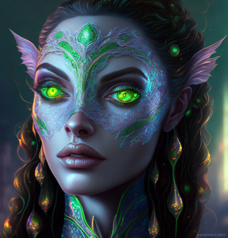 Female character with green mystical eyes and leafy patterns, exuding magical aura