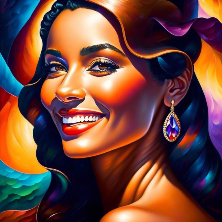 Colorful digital portrait of a smiling woman with bold makeup and jewel-encrusted earring