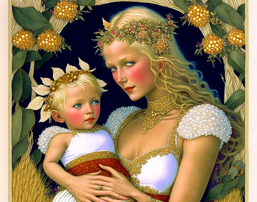 Golden-haired woman in white dress with rose crown holding child in sunflower headpiece among grains and leaves