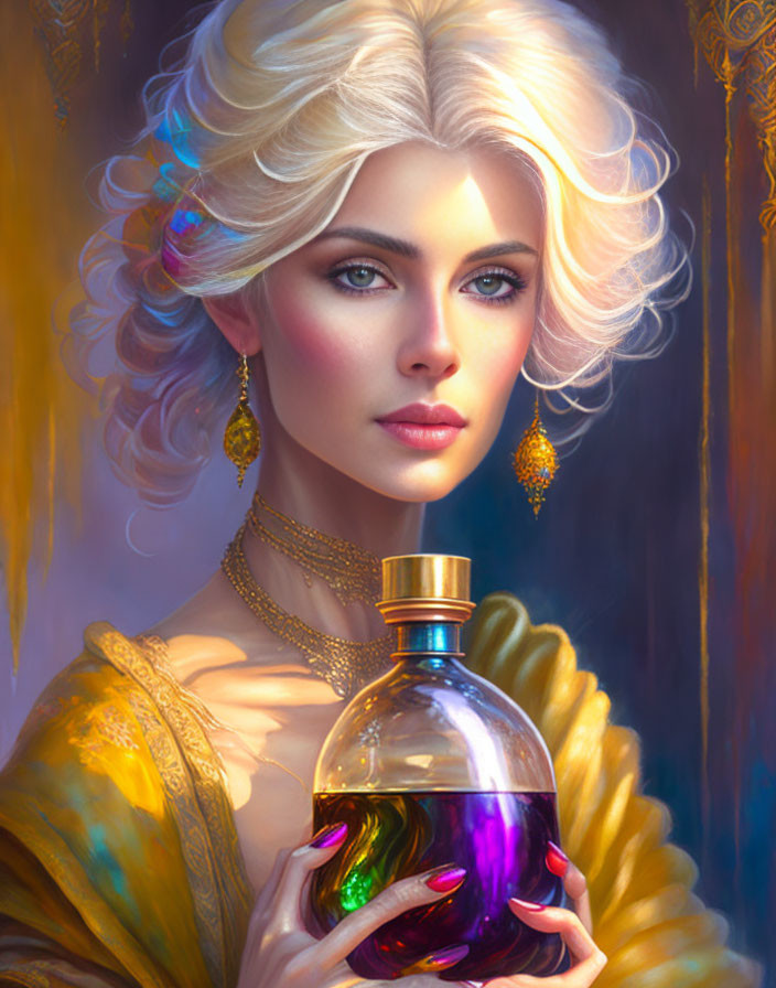 Blonde Woman with Blue Eyes Holding Glass Bottle in Golden Attire