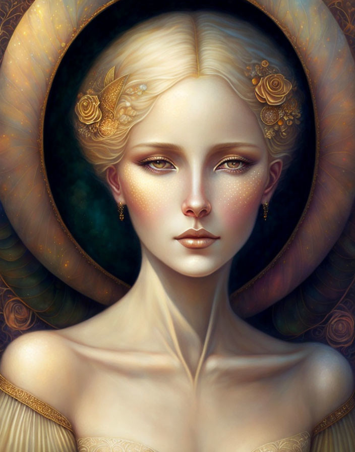 Ethereal digital portrait with golden hair accents and shimmering freckles