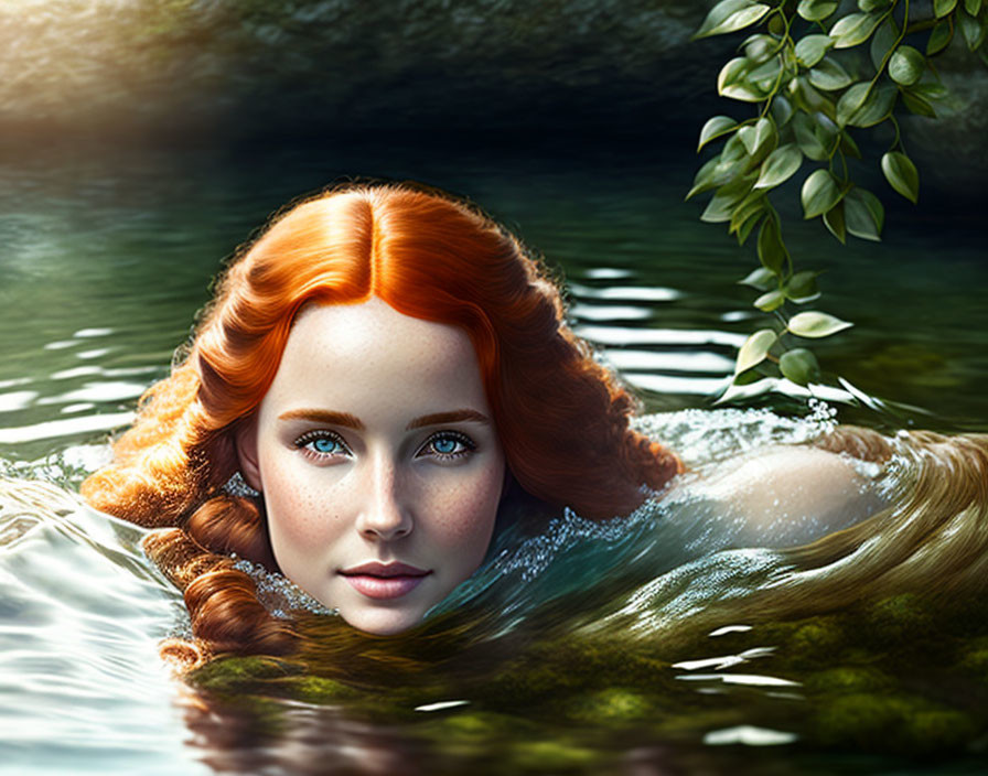 Digital artwork: Woman with red hair in water surrounded by green foliage