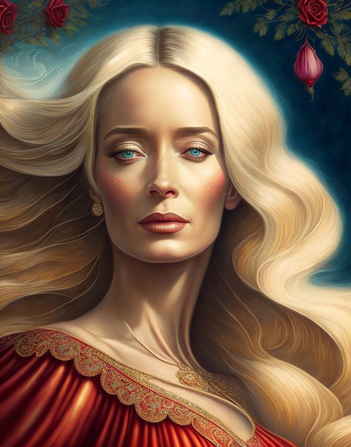 Portrait of woman with golden hair, blue eyes, red dress, and roses.