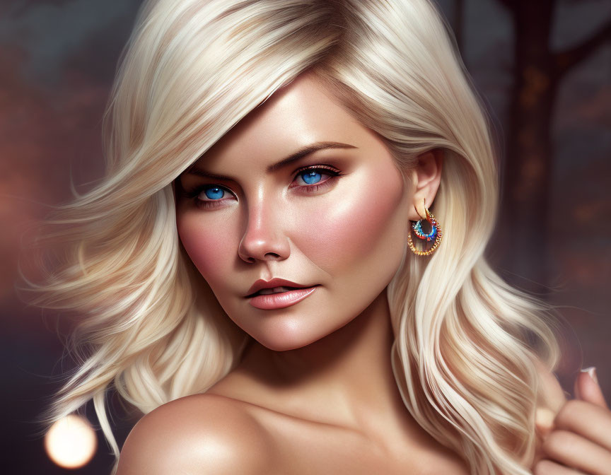 Portrait of Woman with Blue Eyes and Blonde Hair in Blue and Gold Earrings