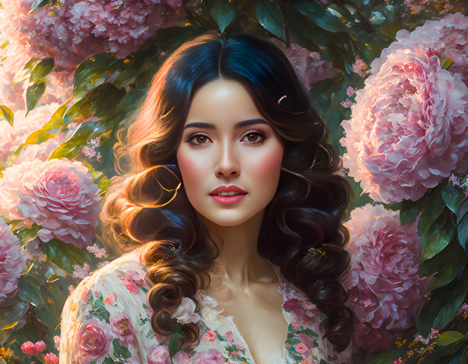 Portrait of Woman with Dark Hair and Pink Peonies in Dreamy Floral Setting