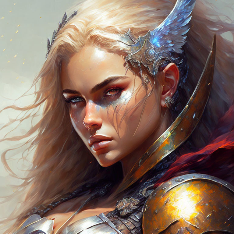 Fantasy female warrior digital art: blond hair, blue eyes, silver armor, winged helmet