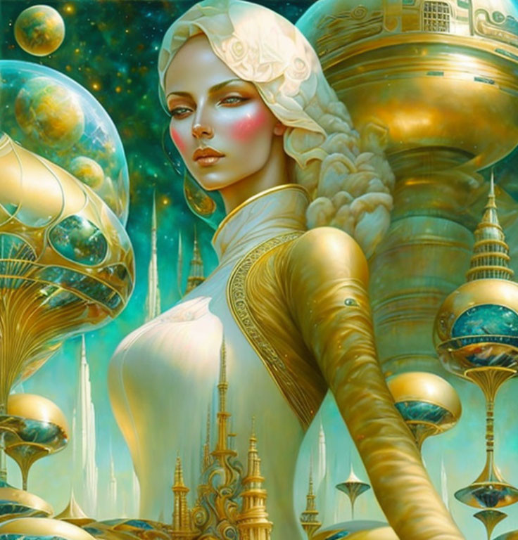 Illustration of woman with golden headdress in futuristic cityscape