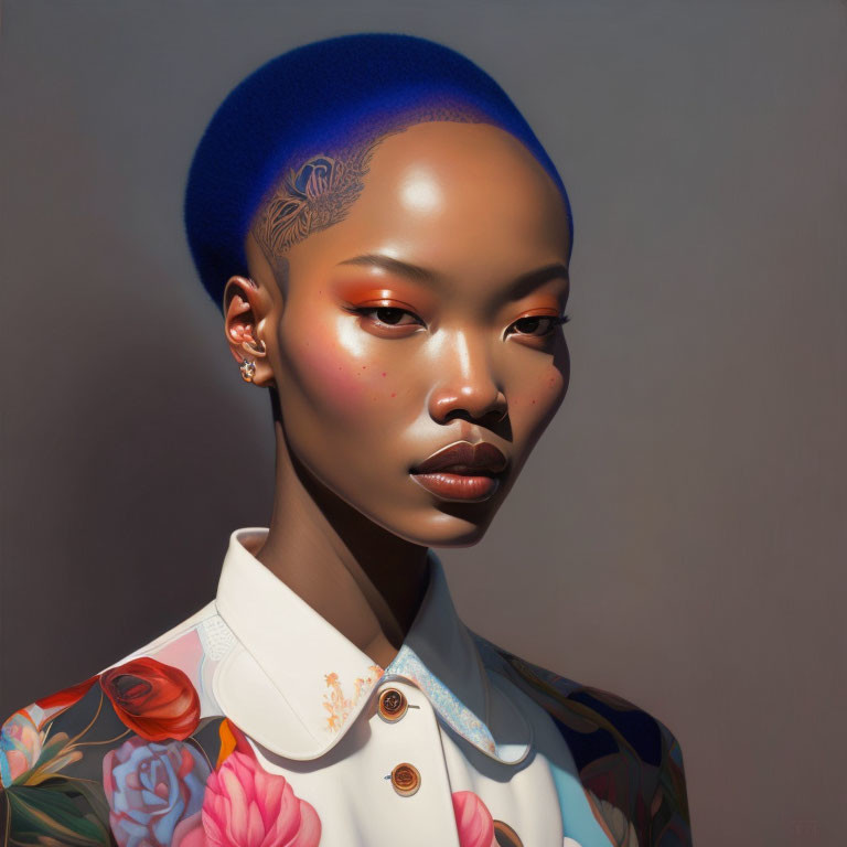 Digital portrait of woman with blue beret, tattooed shaved head, floral jacket, and bold makeup