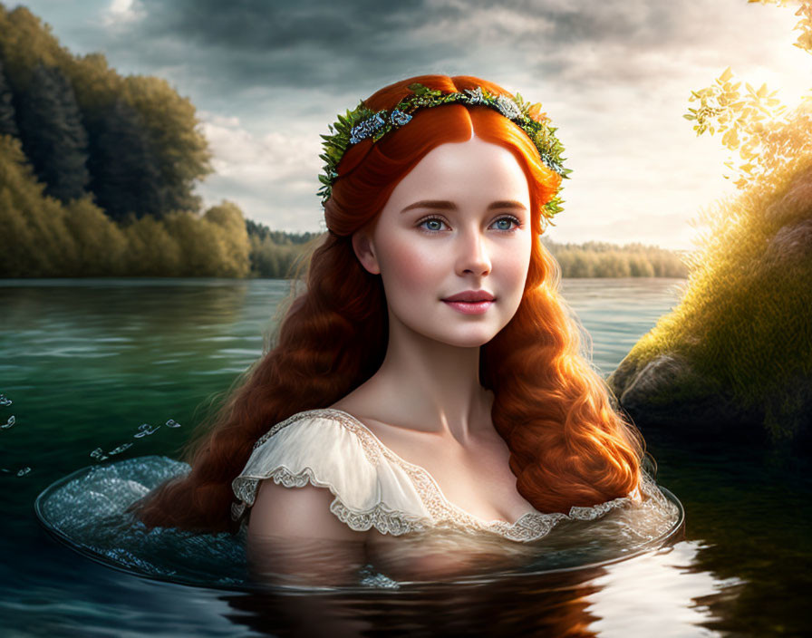 Red-haired woman with leafy crown in serene lake scenery