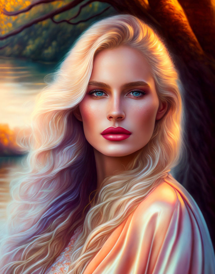 Blonde Woman Portrait with Blue Eyes in Autumnal Setting