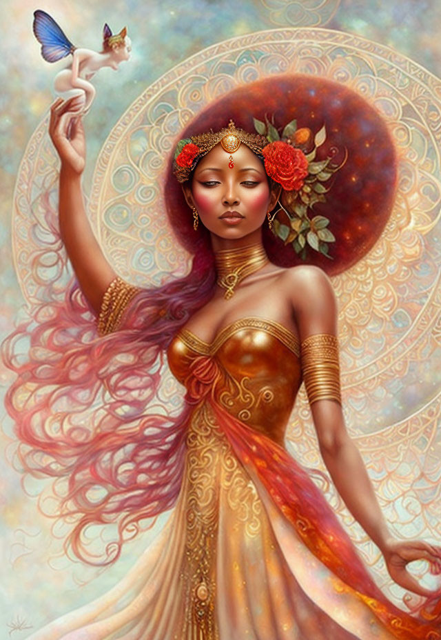 Fantasy Artwork: Adorned Woman with Golden Jewelry and Small Fairy in Mystical Setting