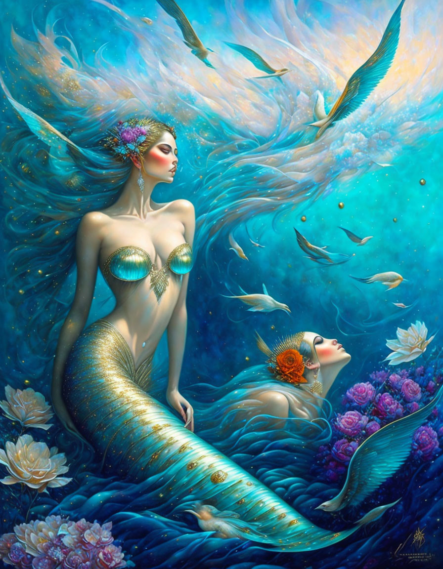 Ornate mermaids with aquatic surroundings and surreal ambiance