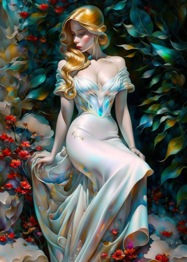 Illustration of woman in white and blue gown with golden hair among vibrant flowers