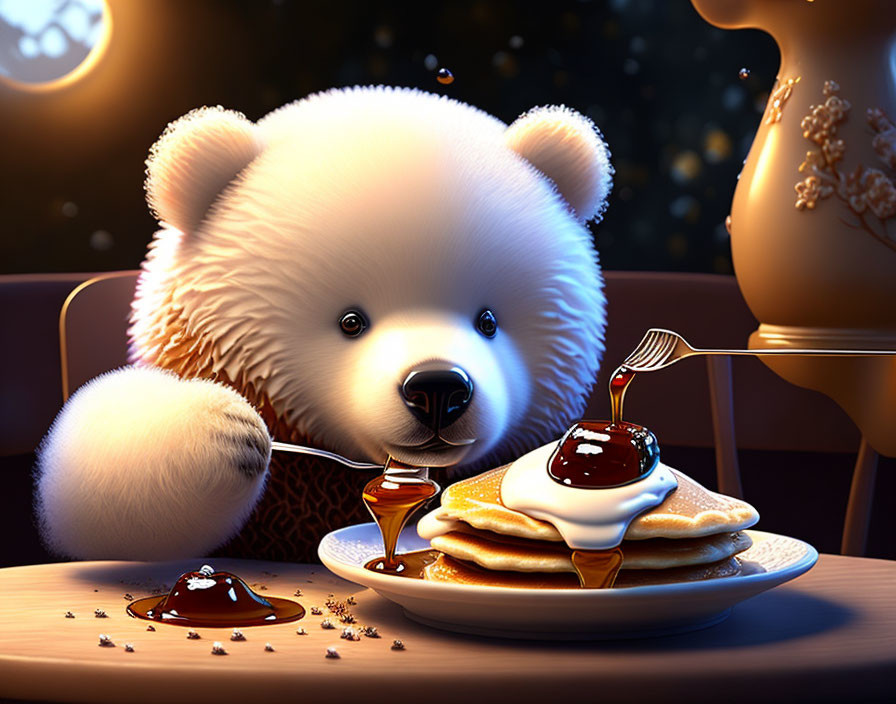 Adorable white bear cub with pancakes and honey fork