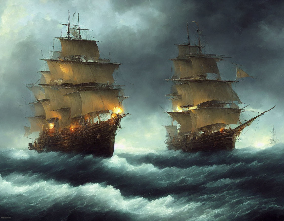 Stormy Ocean Scene: Majestic Sailing Ships with Lit Lanterns