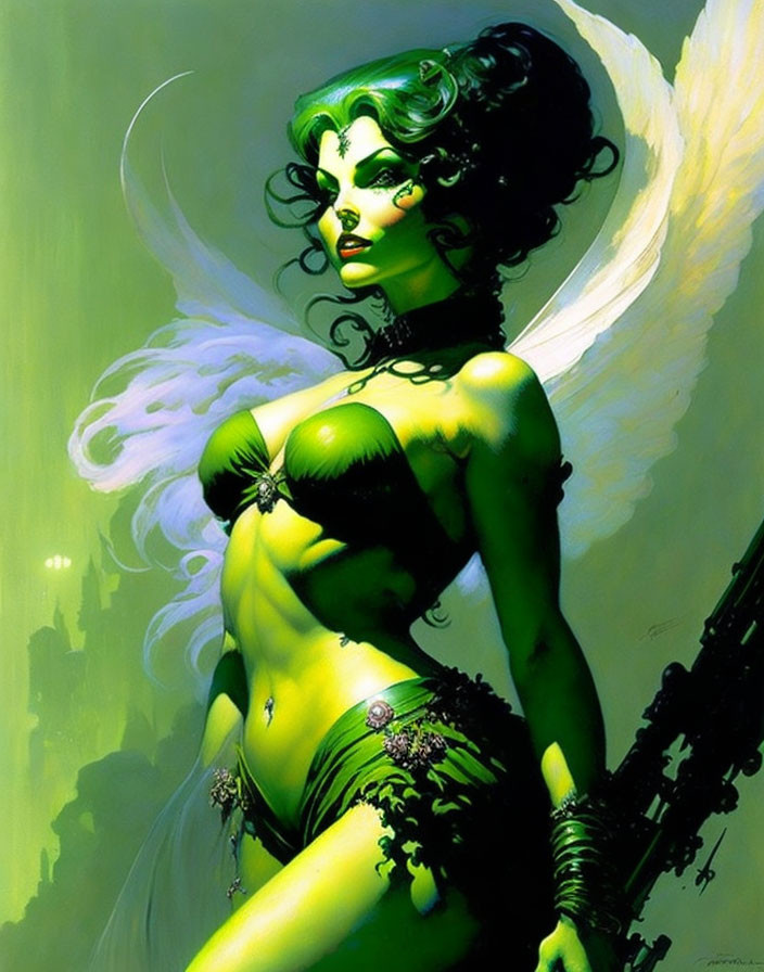 Fantasy female character with green skin in dramatic pose