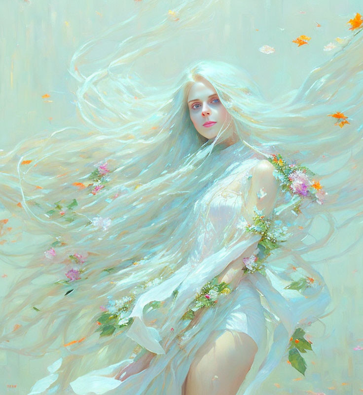 Ethereal pale woman with flowing hair and floral dress in green setting