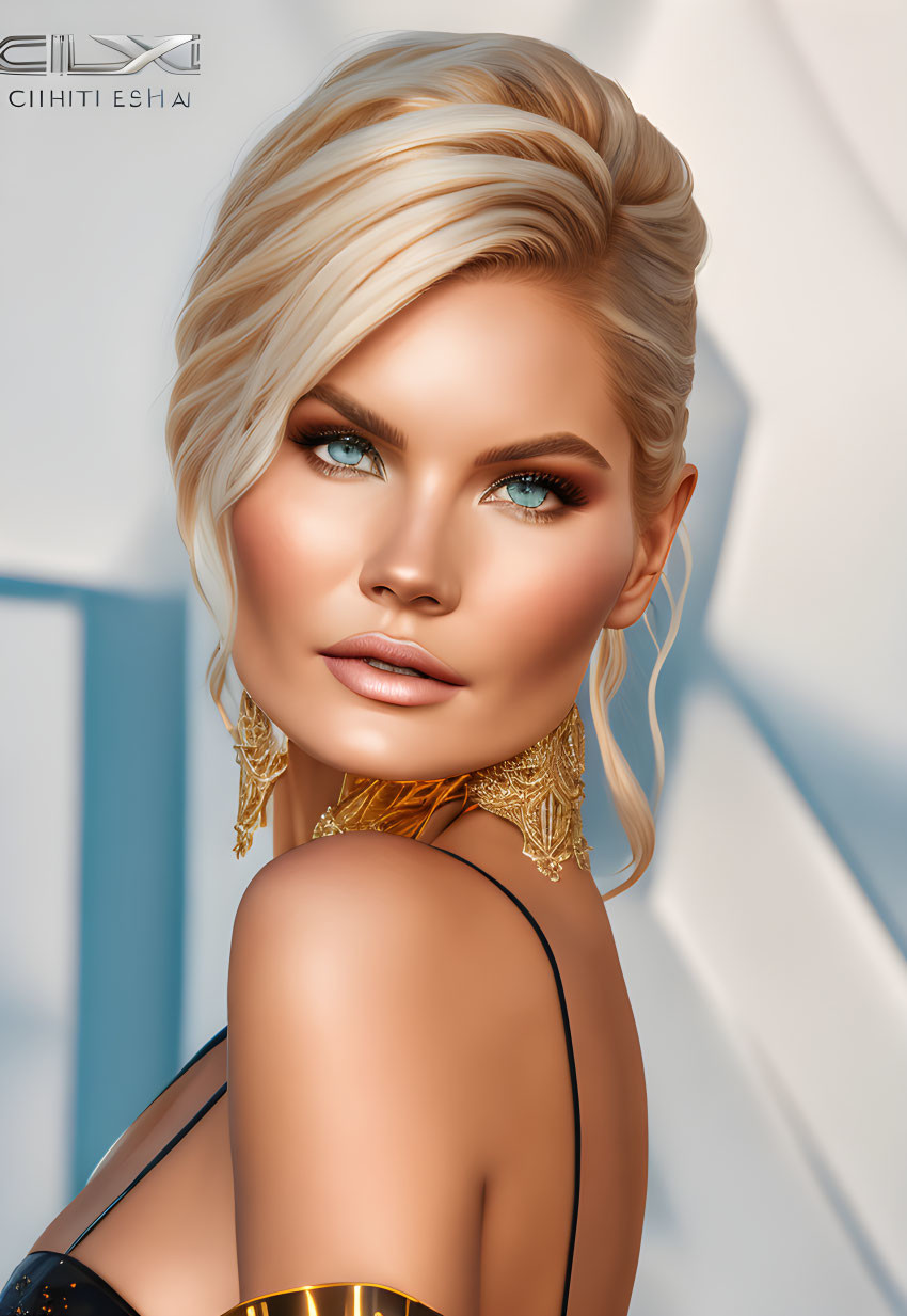 Digital portrait of woman with platinum blonde hair, turquoise eyes, and gold jewelry