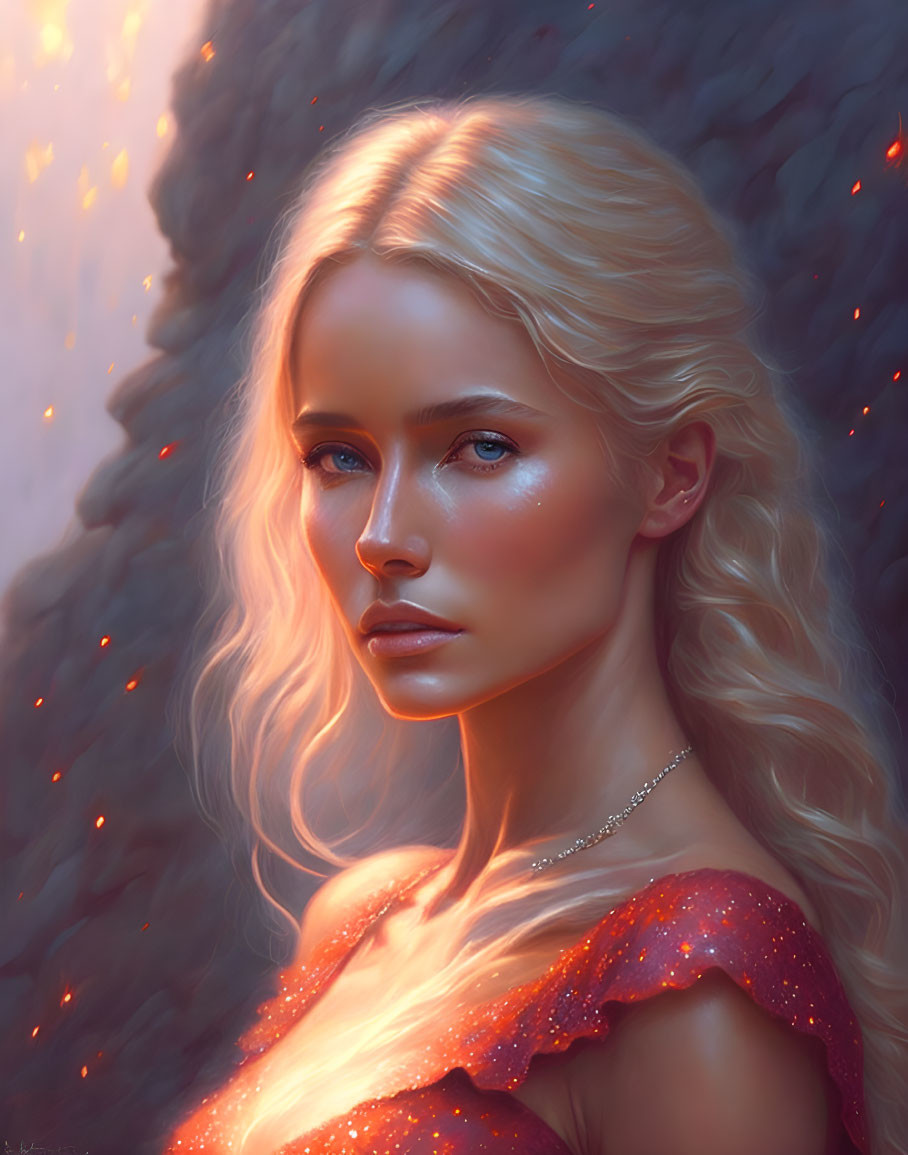 Digital portrait of a woman with pale skin, blonde hair, and blue eyes against warm, glowing background