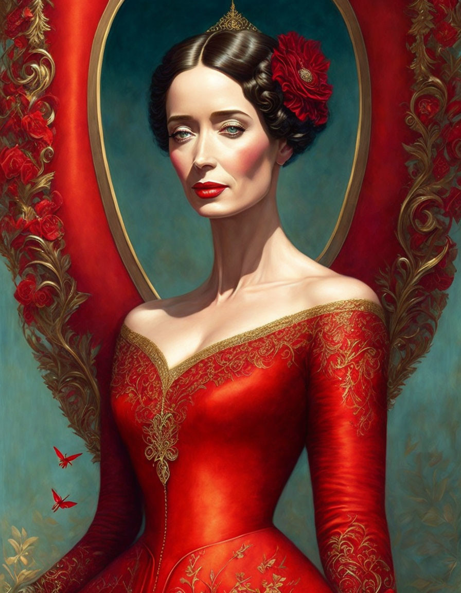 Stylized portrait of a woman in red gown with roses framing her