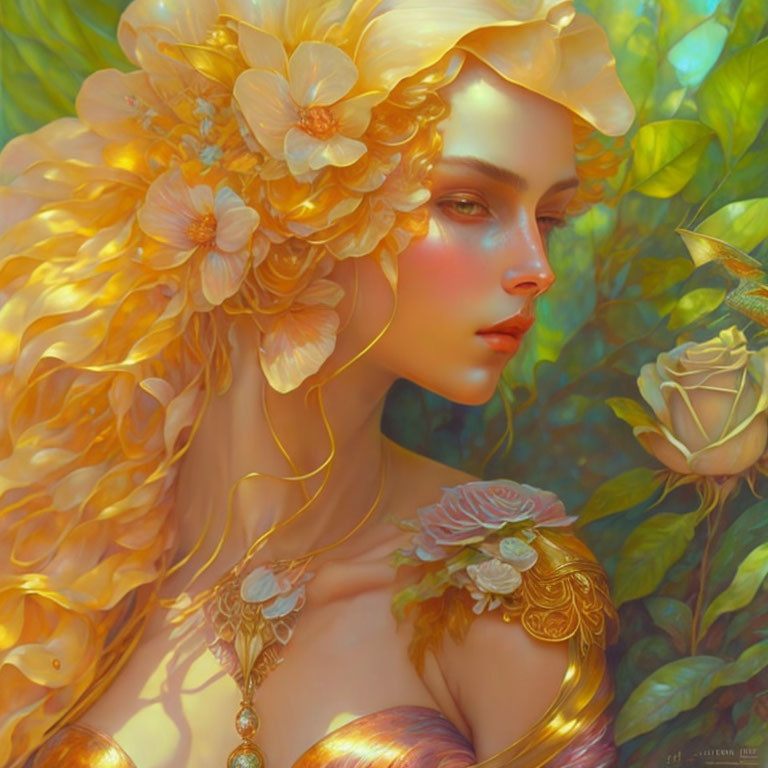 Fantasy woman portrait with golden hair, flowers, glowing skin, and bird on rose in soft background