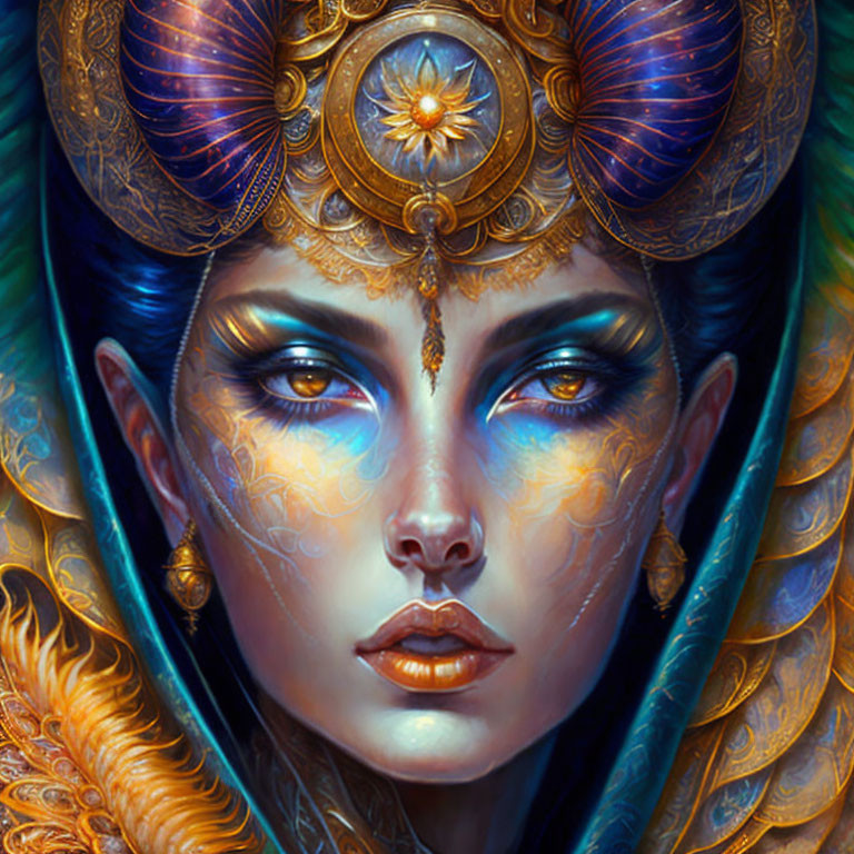 Detailed digital painting of woman with blue skin & golden headdress