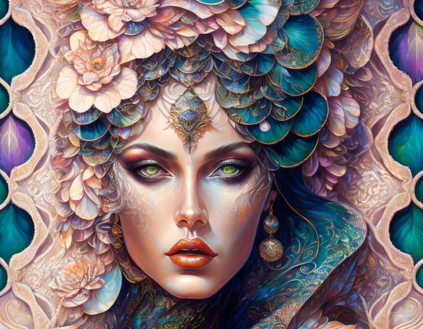 Fantasy illustration: Woman with green eyes, jeweled headpiece, teal and pink petal-like