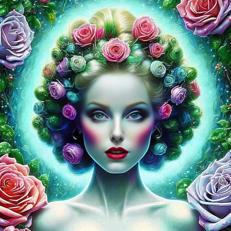 Colorful surreal portrait of woman with roses in hair and fantasy makeup.