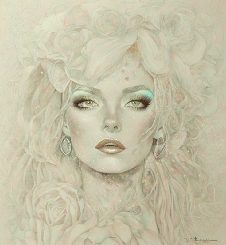 Ethereal woman portrait with floral hair elements in soft pastel tones