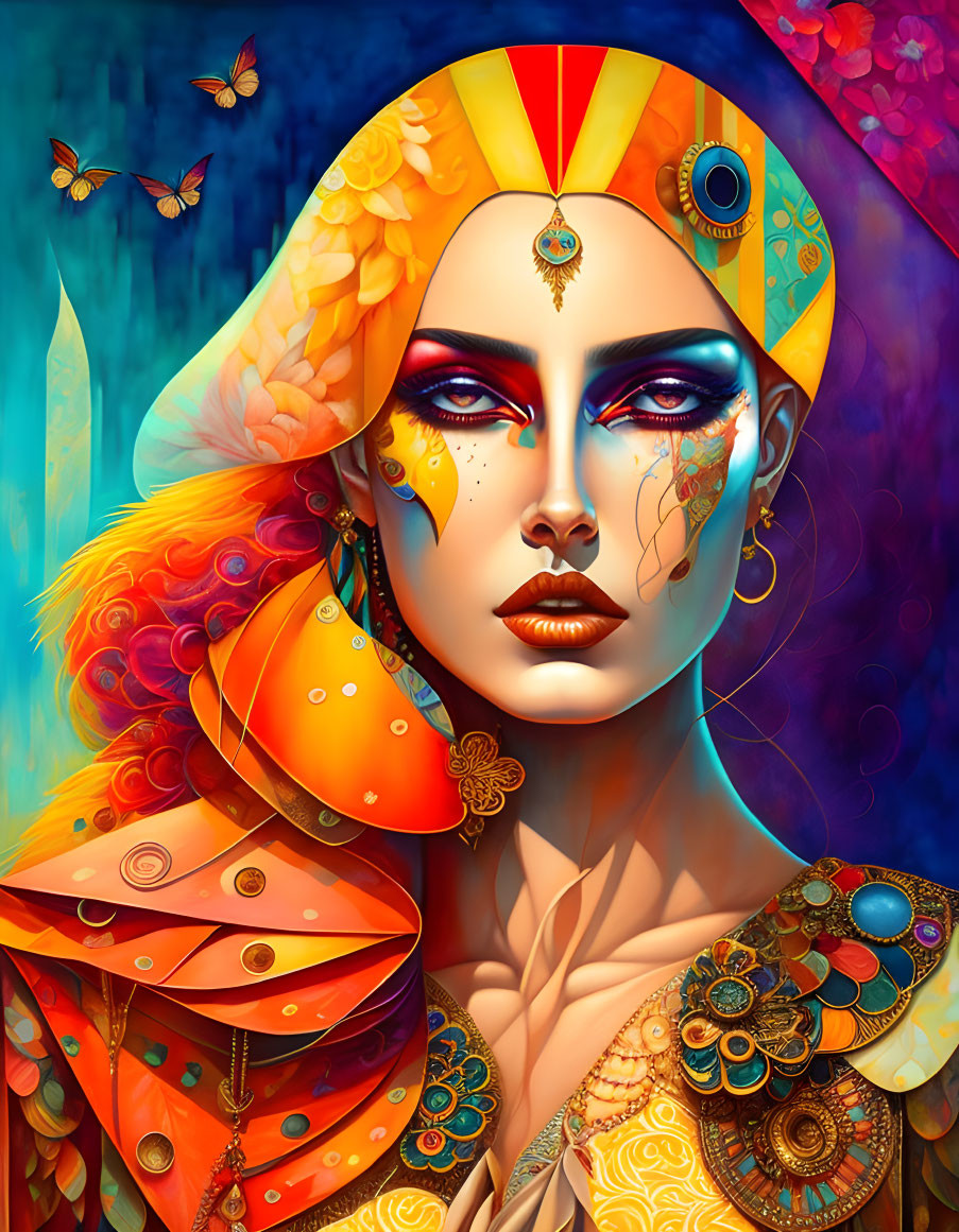 Colorful Woman Portrait with Elaborate Makeup and Jewelry in Warm Tones