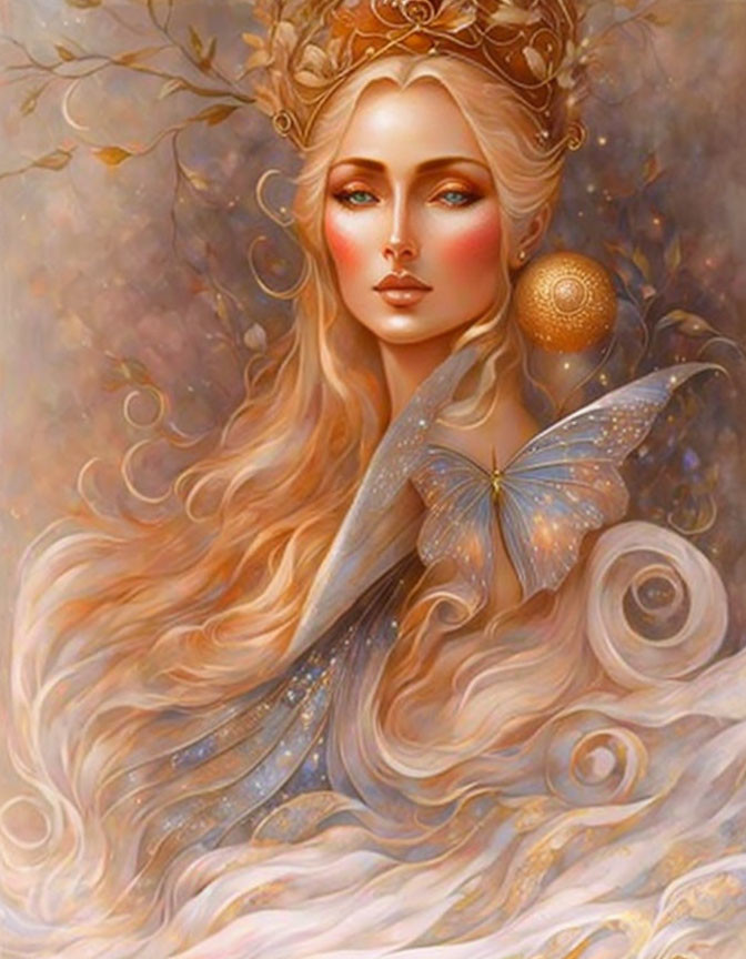 Fantastical queen with golden hair and butterfly in autumn setting