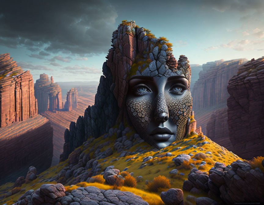 Colorful Surreal Landscape with Stone Human Face and Red Canyon Cliffs