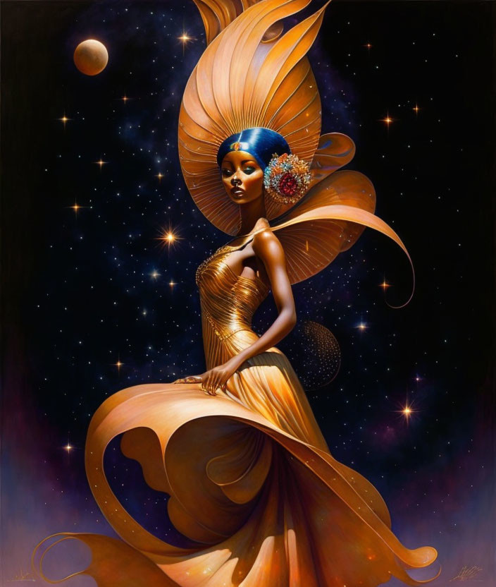 Golden-skinned woman in flowing dress against cosmic backdrop