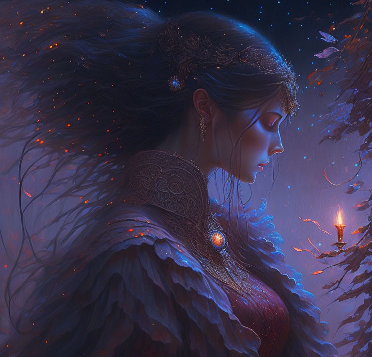 Fantasy illustration of a woman with glowing starry hair in mystical nighttime scene