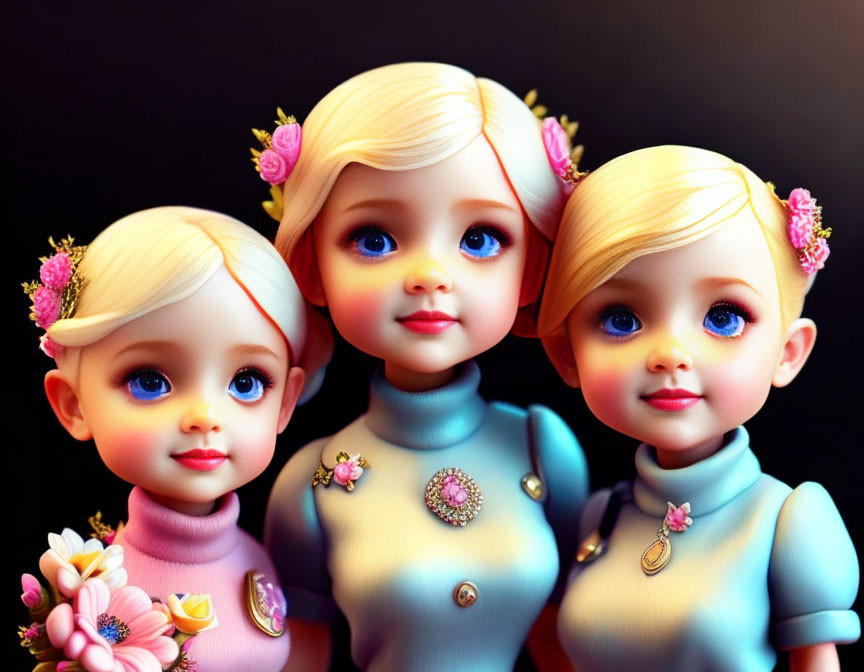 Three dolls with big eyes in floral turtleneck outfits on dark background