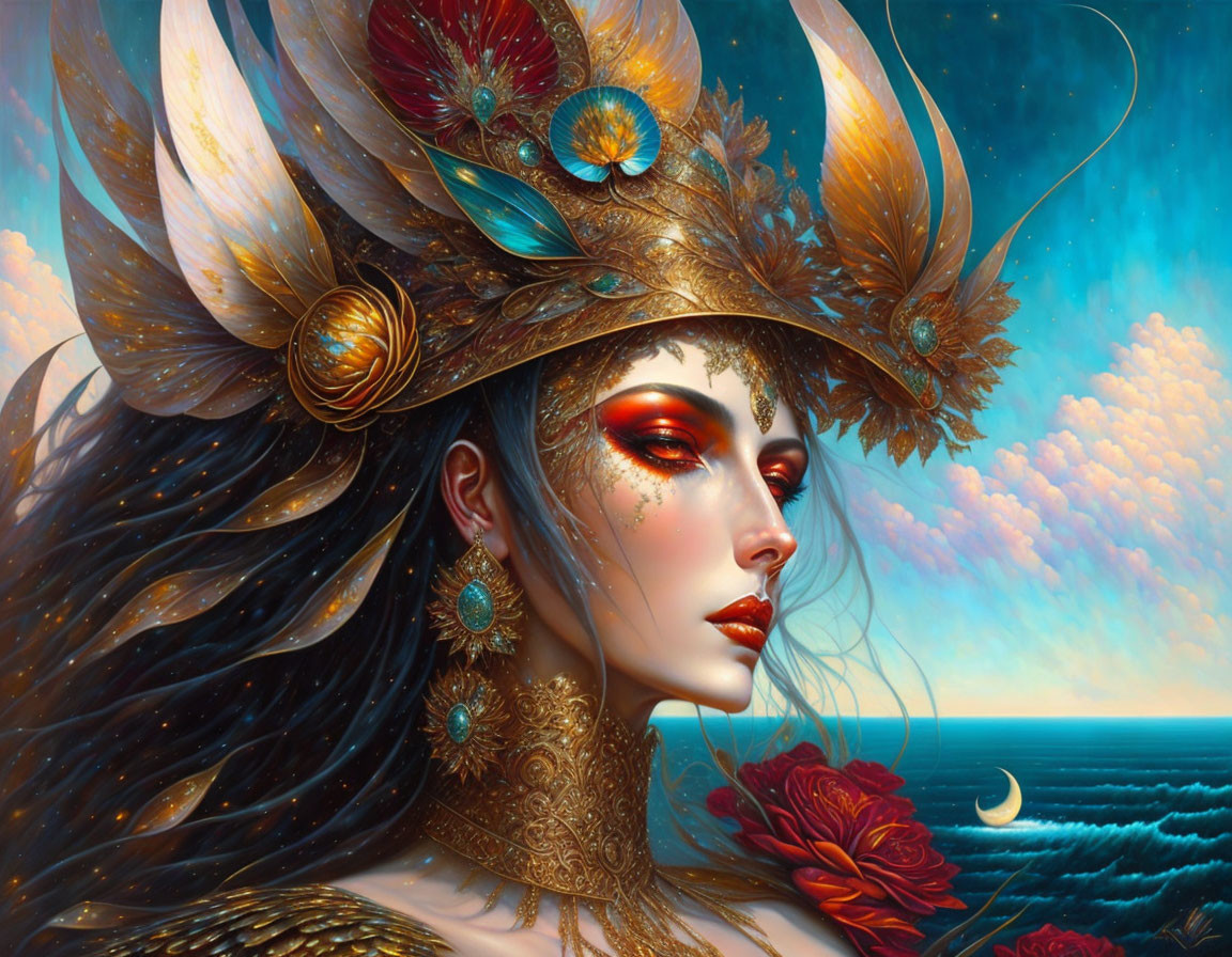 Digital artwork: Woman with ornate headdress, feathers, jewels, and gold, set against vibrant