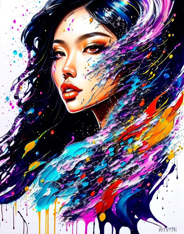 Colorful Abstract Portrait of Woman with Flowing Hair