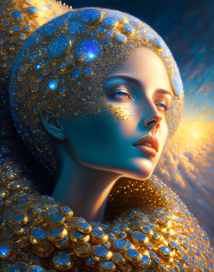 Blue-skinned woman with gold sequins in digital art against golden backdrop