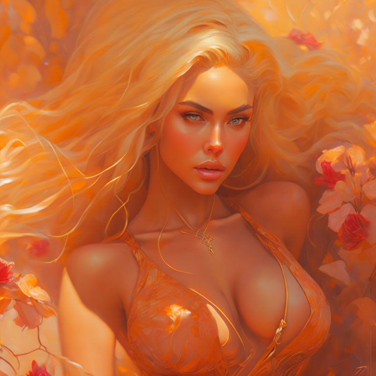 Digital artwork: Woman with golden hair and blue eyes in autumn setting