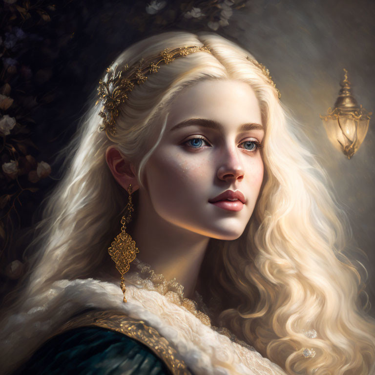 Portrait of woman with fair skin, blue eyes, and curly blonde hair wearing gold headpiece.