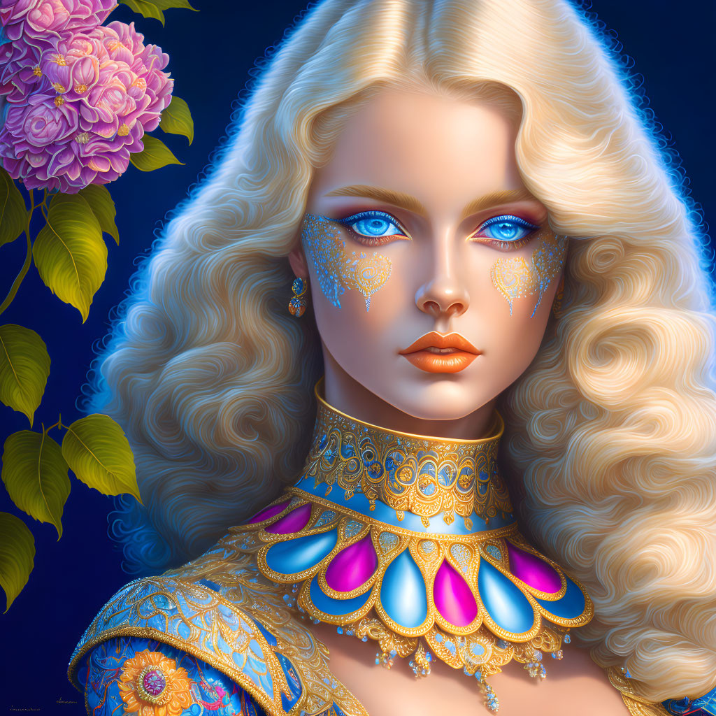 Blonde woman with blue eyes and ornate jewelry in digital portrait